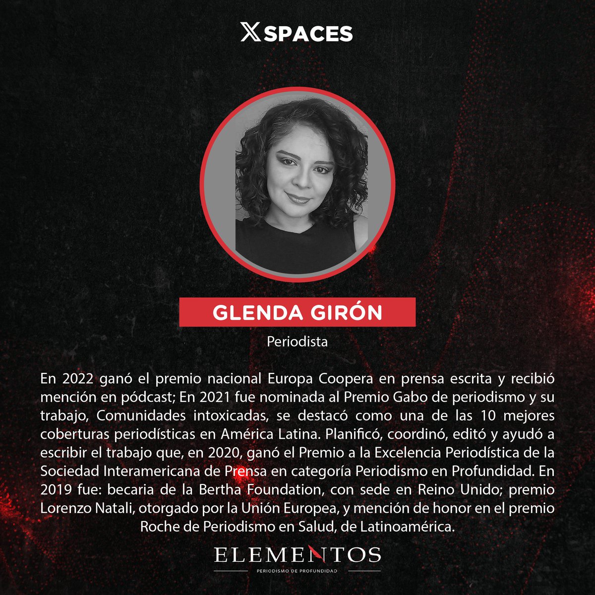 RevElementos's tweet photo. 💻 #SpacesElementos| La periodista Glenda Girón (@gi_giron) nos acompañará el día de mañana para hablar del tema "El adoctrinamiento de los diputados de @nuevasideas en el culto a @nayibbukele".
¡Recuerda!
📅 1 de diciembre
⏰ 7:00 p.m https://t.co/NjEDHRXulb