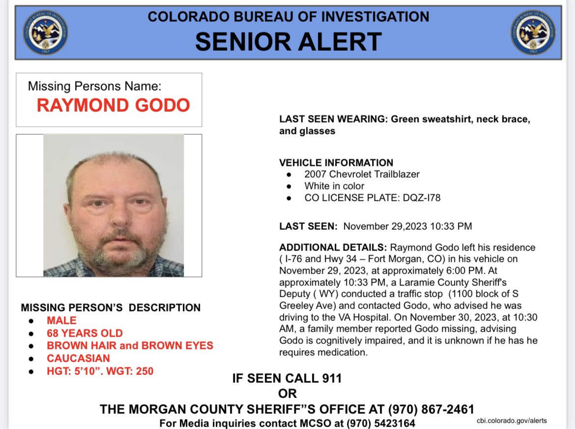 CBI_Colorado's tweet image. SENIOR ALERT ACTIVATION: Raymond Godo left his residence on November 29, 2023. On November 30, 2023, at 10:30 AM, a family member reported Godo missing, advising Godo is cognitively impaired, and it is unknown if he has he requires medication.
If seen please call 911.