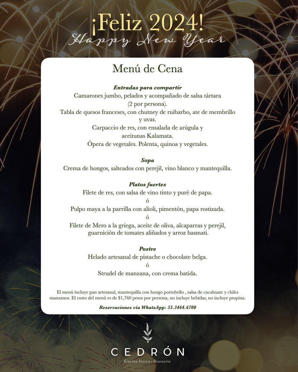 Este 31 de diciembre, despide al 2023 con lo mejor de nuestra cocina y recibe el año nuevo  como nunca… ¡Ven a celebrar en Cedrón! 🥂

📱Reserva ya vía WhatsApp: 55 3464 6700
📍Mazatlán 24, Condesa