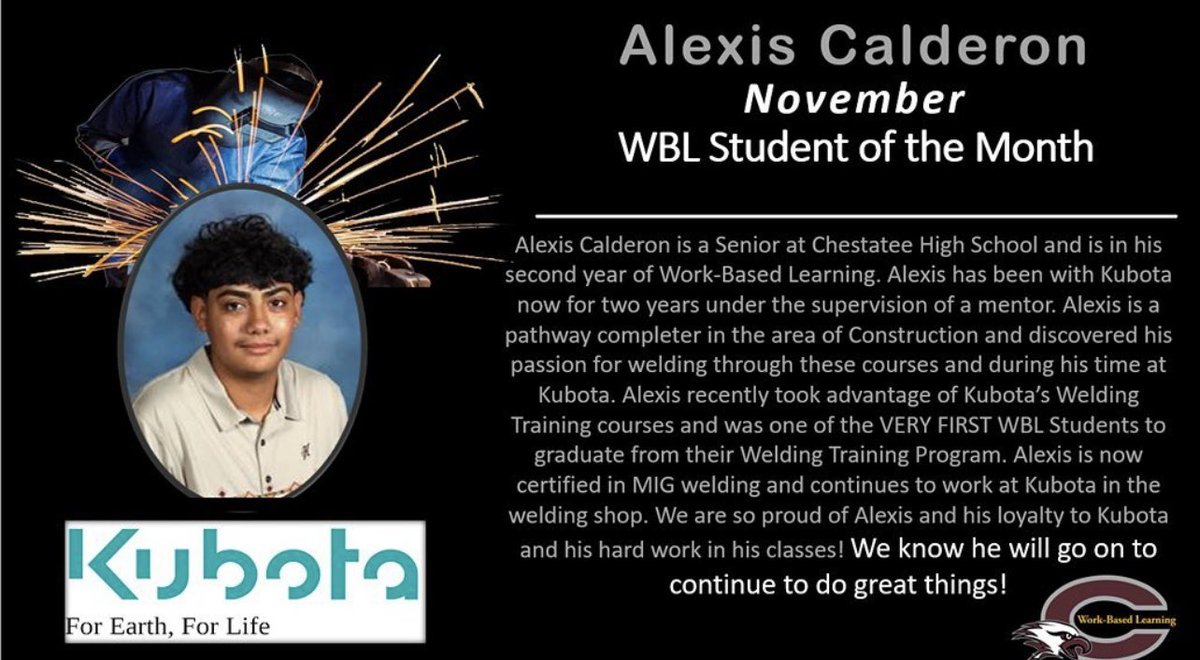 @chswareagles1 November Intern of the Month!! Alexis is a welding intern at Kubota! We are so proud of him! #wblworks #gawblworks @HallCountyWBL