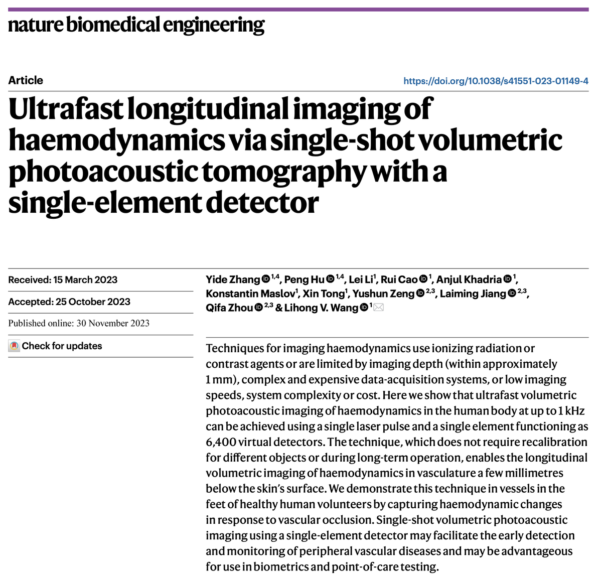Ultrafast longitudinal imaging of haemodynamics via single-shot volumetric photoacoustic tomography with a single-element detector rdcu.be/dssVZ