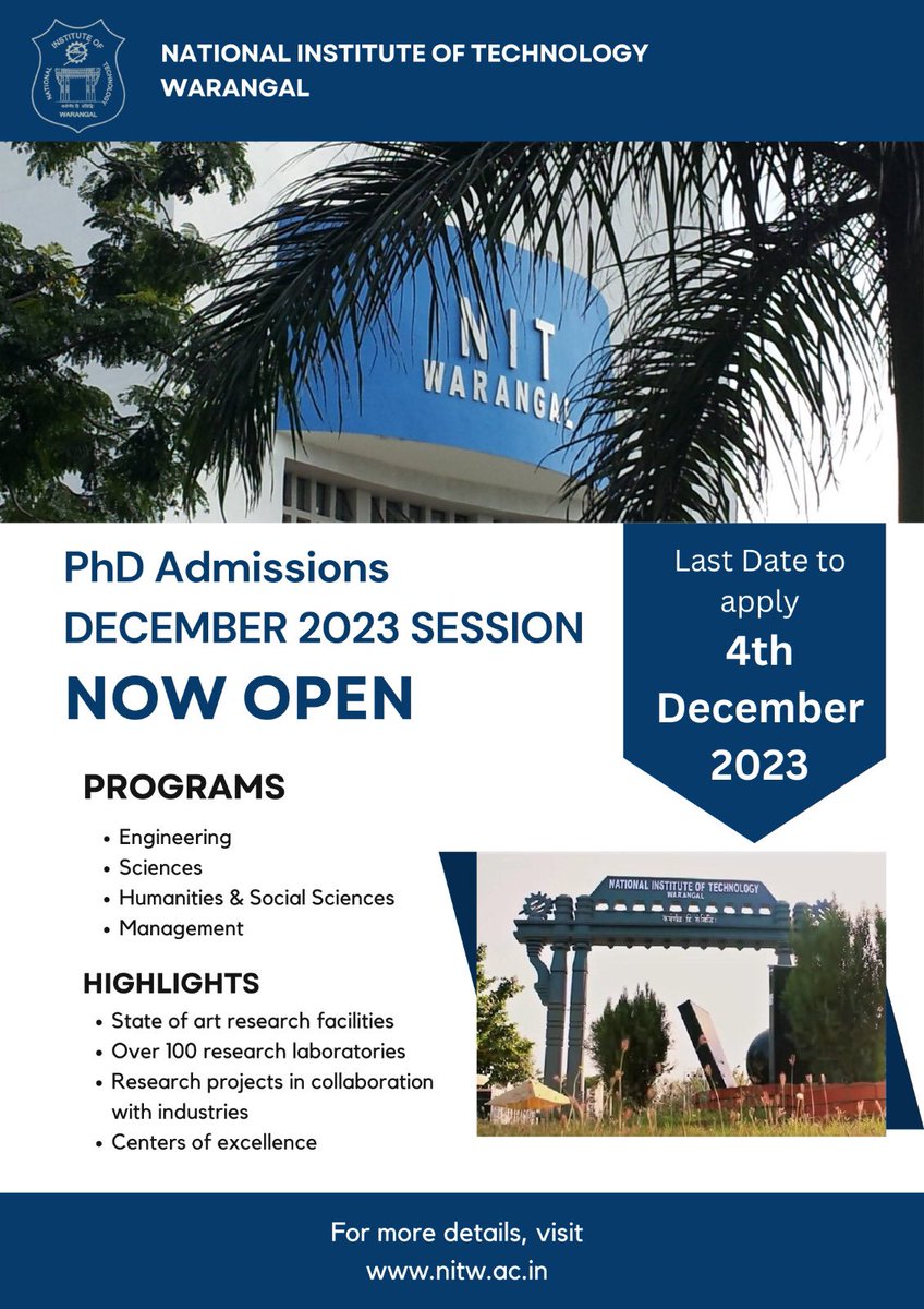 PhD admissions for December 2023 session are open till December 4th, 2023. #phd #PhDAdmissions #phdadmission2023 #nitw #nitwarangal #warangal #admissions #notificationphd