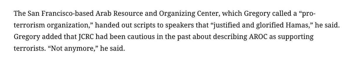 Anti-Palestinian, Anti-Arab &amp; Anti-Muslim bigotry is unacceptable &amp; we appeal to our elected leaders regarding to the threat to our safety in light of Islamophobic statements made by JCRC CEO Tyler Gregory referring to our organization as a “pro-terrorist” organization. (1/6)