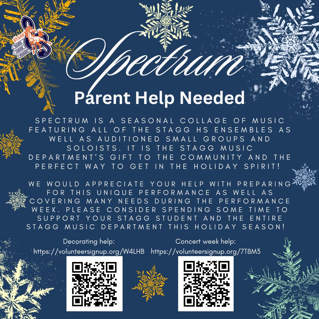 Music parents, please consider helping! 
Decorating help: volunteersignup.org/W4LHB
Concert week help: volunteersignup.org/7T8M3
<a href="/StaggHighSchool/">Stagg High School</a>  <a href="/StaggMarching/">Stagg Marching Chargers</a> <a href="/StaggBands/">A.A. Stagg Bands</a>  <a href="/StaggChoirs/">🎼 Stagg Choirs</a>