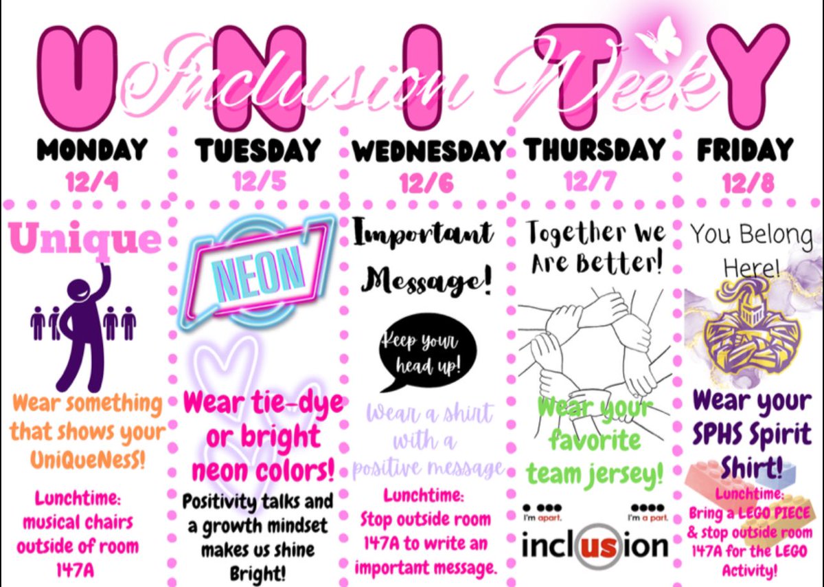 sphsactivities's tweet photo. Inclusion week is next week!
Lunchtime activities on Monday, Wednesday &amp; Friday outside of room 147A &amp; make plans to join us Thursday night at the inclusion Basketball game vs Coconut Creek HS. Be sure you to wear your PINK Inclusion shirt! https://t.co/lSlXHbgSUZ
