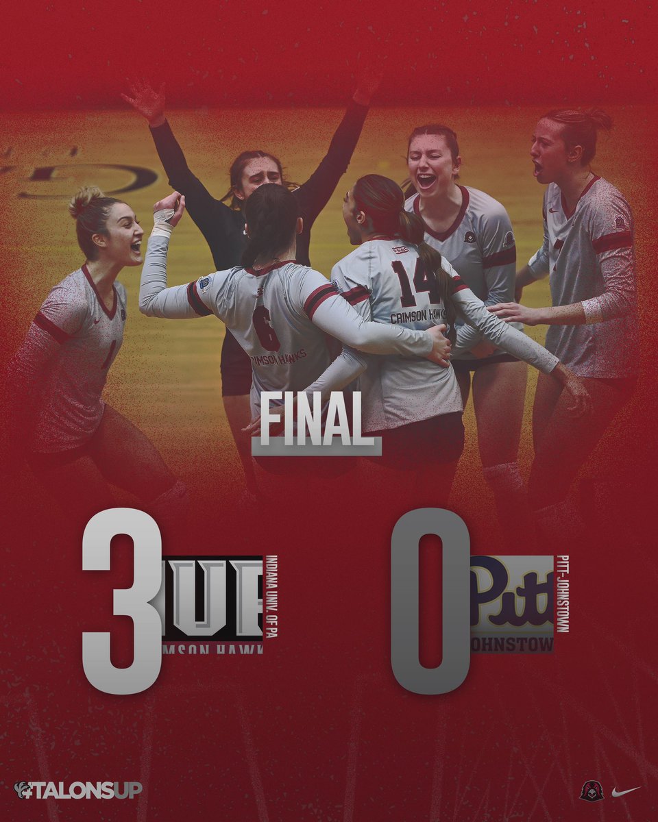 IUP posts its first NCAA Tournament win since 2017 with a sweep of Pitt-Johnstown on Thursday night in Erie!

The Hawks face host and top seed Gannon tomorrow night in the NCAA DII Region Semifinals.

Box Score: iupathletics.com/sports/womens-…