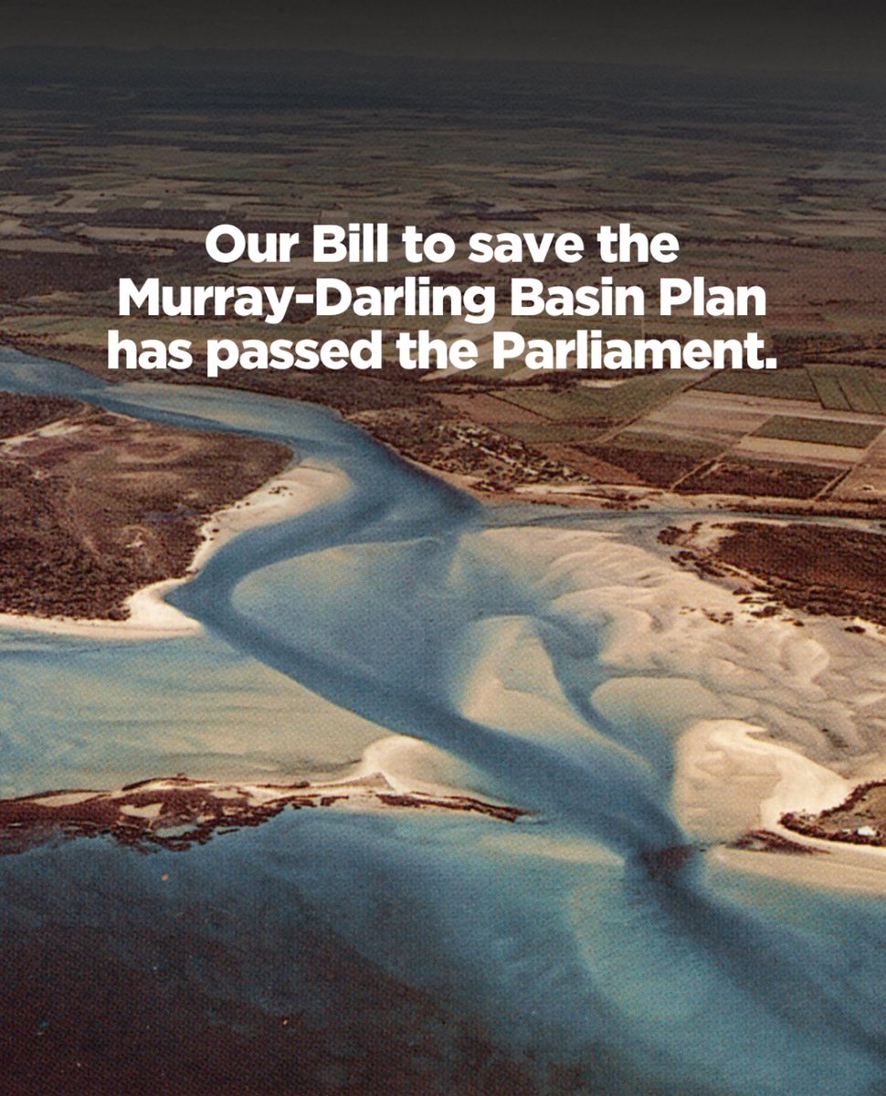 tanya_plibersek's tweet photo. In case you missed it. Yesterday our Bill to rescue the Murray-Darling Basin Plan passed the Parliament.
A massive win for Basin communities and our environment. https://t.co/S3ijEhGyzf