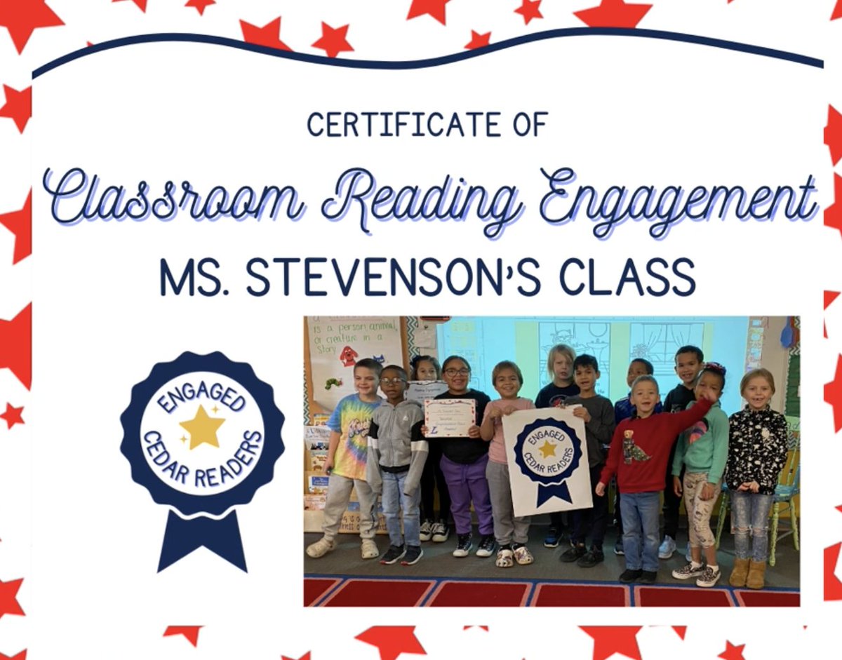 NW students are Engaged Cedar Readers! 📖

Congrats for achieving the highest percentage of reading classroom engagement during October &amp; November! 🎉

K5: Mrs. Sattazahn &amp; Mrs. Wickenheiser
1st Grade: Mrs. Shoemaker &amp; Ms. Stevenson