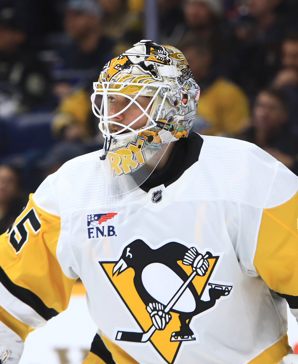 PenguinsPR's tweet photo. Tristan Jarry, who scored a goal in the American Hockey League with the @WBSPenguins in 2018, has become the first goaltender to score a goal in @penguins history. https://t.co/M4Rp0W03Sy