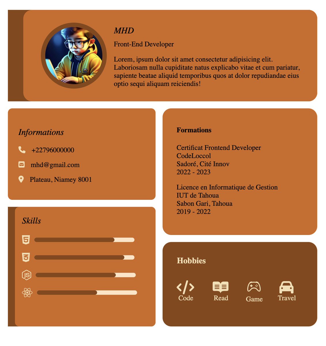 MahamadouBrah67's tweet photo. #30DaysOfCodeNe #Day17Challenge
Today we are on our 17th day of the #30daysofcodene Challenge from the @sahelcoders community with the challenge of reproducing the interface of a curriculum vitae always using #HTML and #css. https://t.co/dI4KfQQeyo