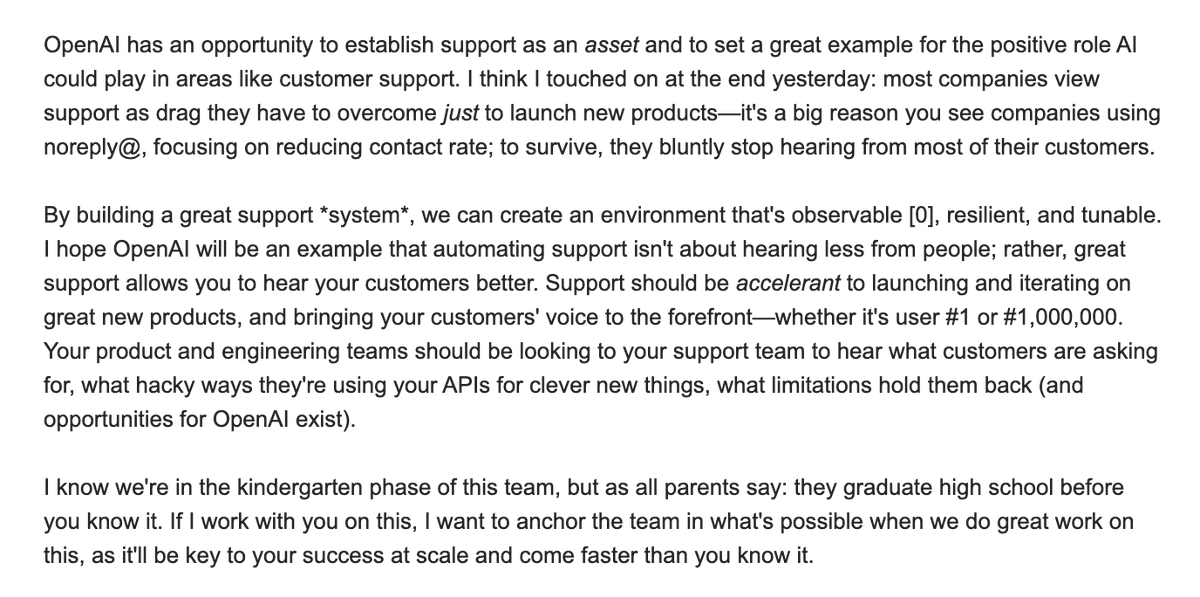 sch's tweet image. We're doing something different with support, and how we work, at OpenAI. Here's an excerpt from a note I sent @bradlightcap before joining:

If this resonates with you, I'd like to meet:

* User Ops: boards.greenhouse.io/openai/jobs/49…

* Engineering: openai.com/careers/softwa…