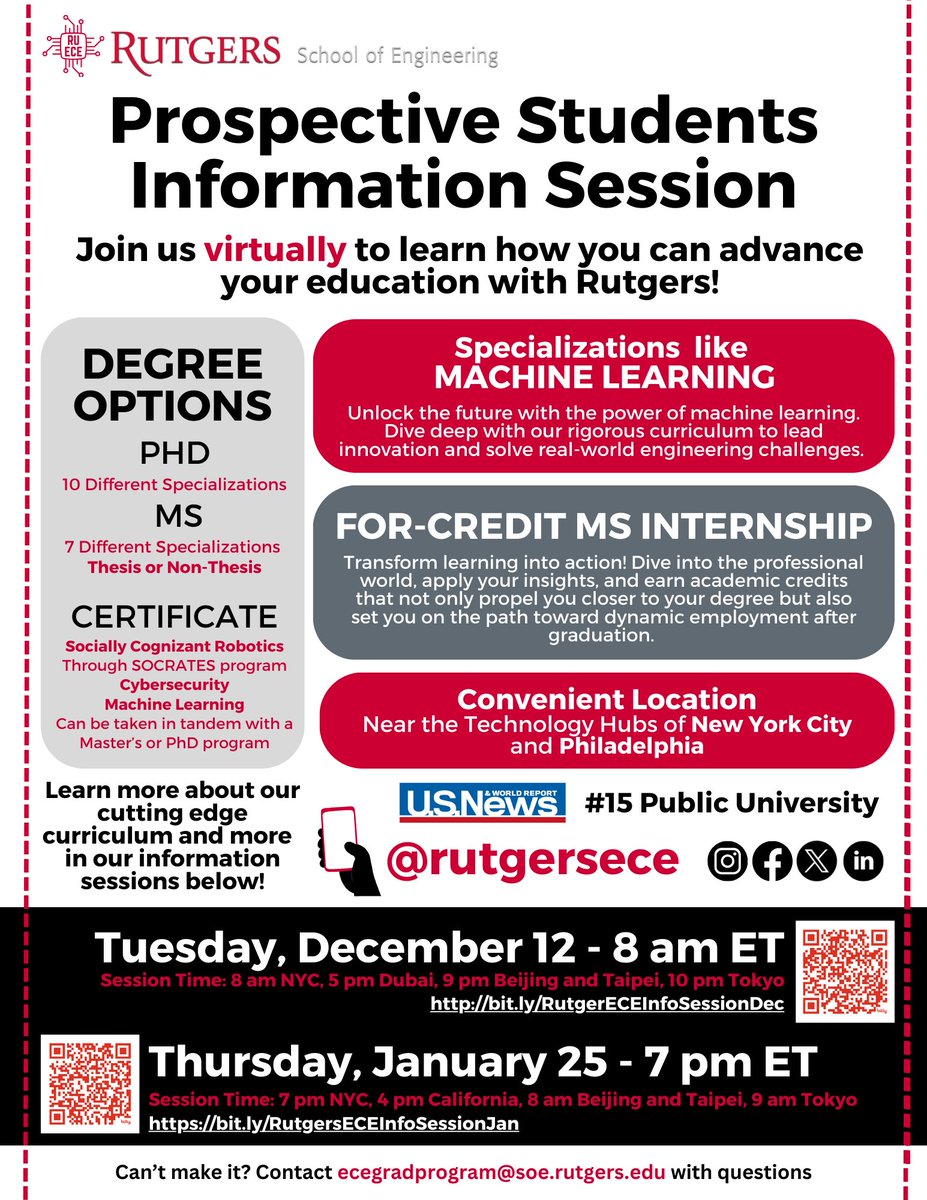 SigProcessing's tweet photo. Join the @RutgersECE upcoming virtual grad program info sessions on Dec 12th & Jan 25th to explore our top-ranked #PhD, #MS, & certificate programs in machine learning, cybersecurity, communications & more. RSVP today! ⤵️ #Rutgers #ecegrad https://t.co/ksl7osUr6l