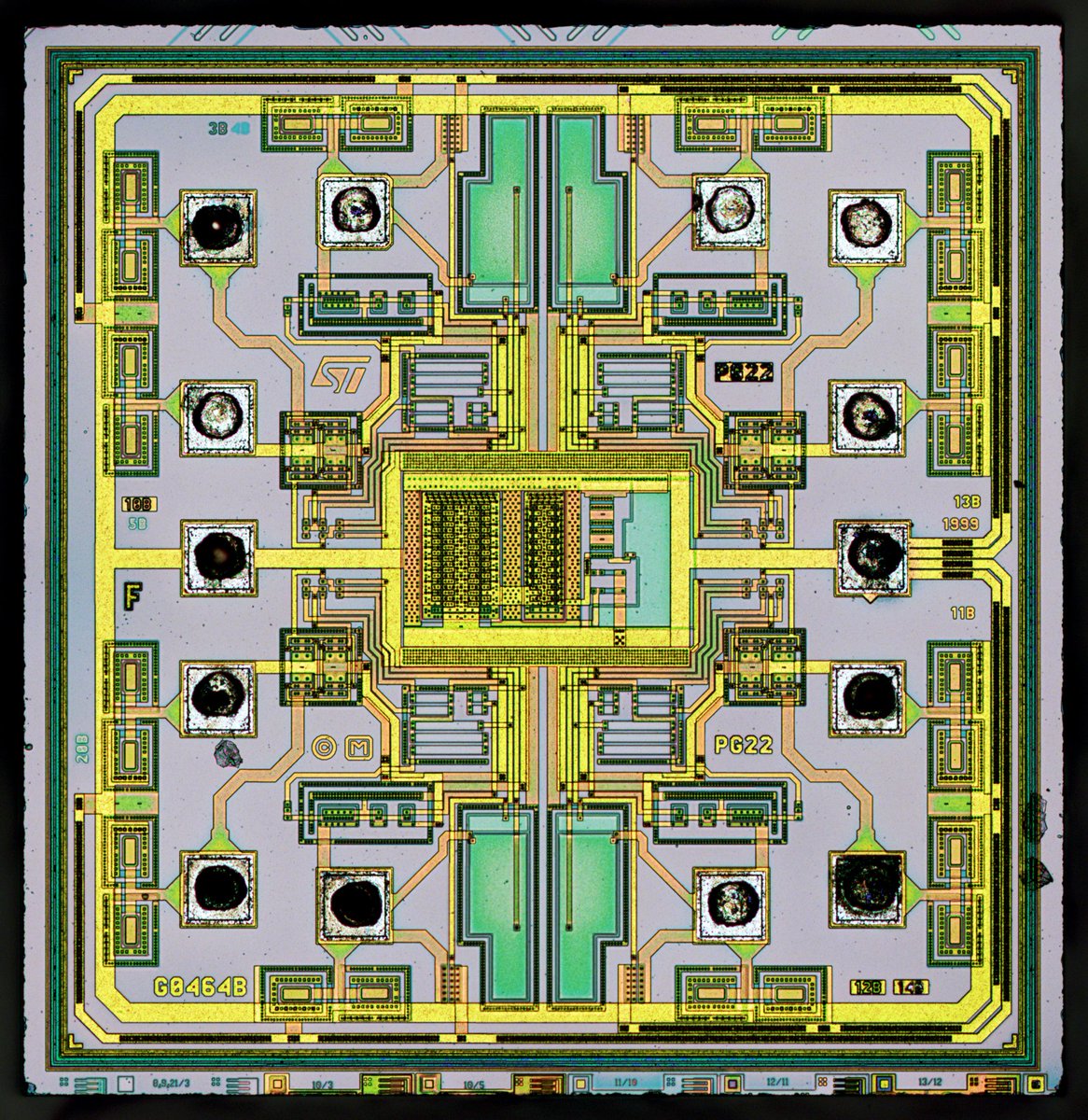 Zeptobars's tweet image. ST Microelectronics TS974IDT - quad CMOS opamp : weekend die-shot zeptobars.com/en/read/STM-TS… via @Zeptobars #electronics #microscopy @ST_World @ST_France_News