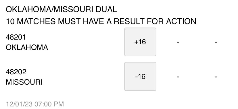 Odds are up for @SoonerWrestling vs @MizzouWrestling We are taking Mizzou minus the points. A lot of Bonus points coming. #Mizzou #MizzouWrestling #TigerStyle #OklahomaWrestling #SonnerWrestling #OklahomaSonners #OklahomaSoonersWrestling #NCAAwrestling #CollegeWrestling