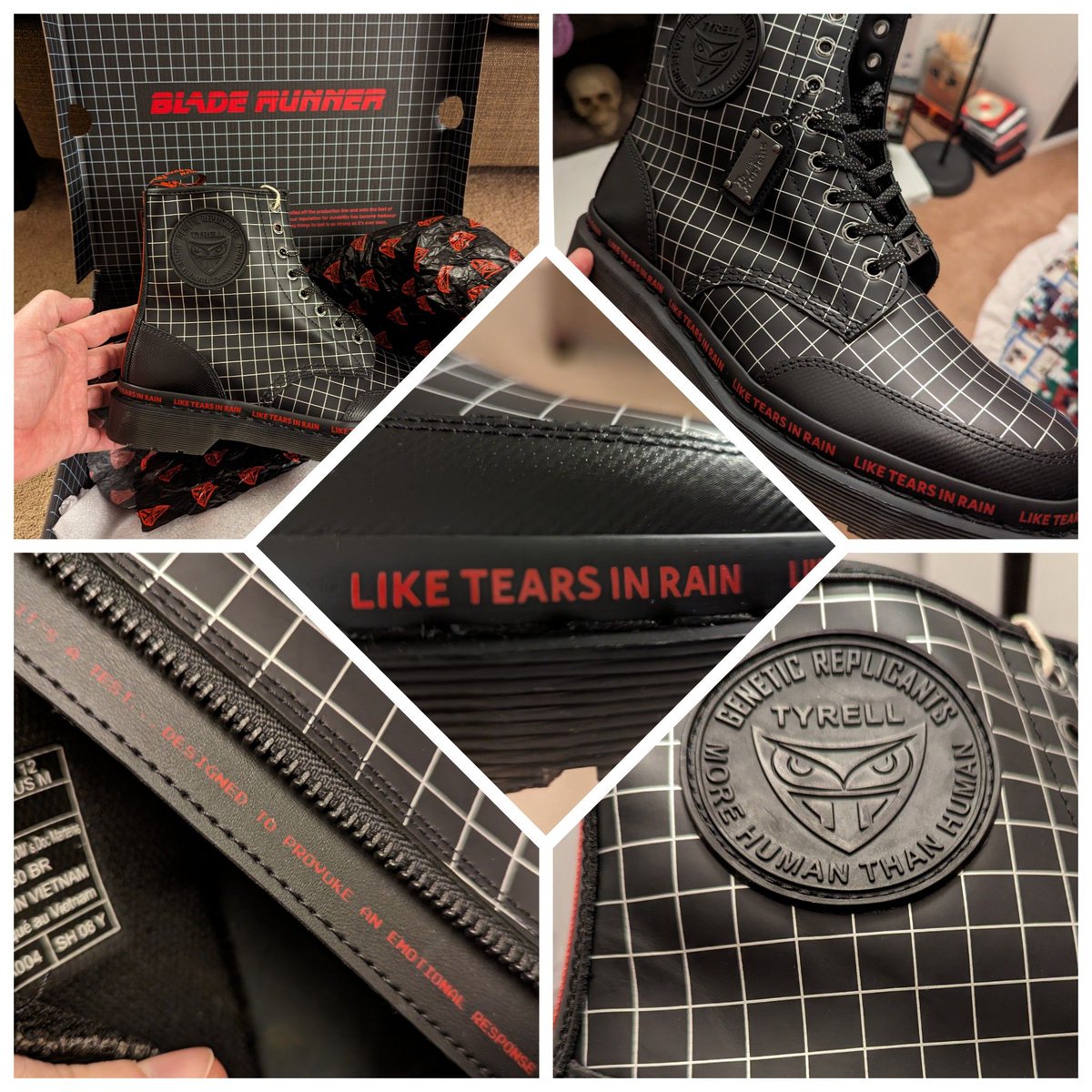 KrisFreedain's tweet photo. "It's a test... Designed to provoke an emotional response." My new #BladeRunner @drmartensofficial showed up today and they are gorgeous. #LikeTearsInRain https://t.co/3dmJpMFAfT