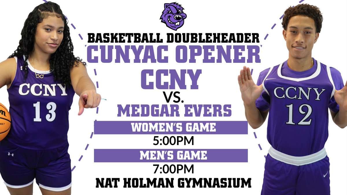 CCNY Athletics (@ccnysports) on Twitter photo ๐ ๐๐'๐ฏ๐ ๐๐จ๐ญ ๐๐จ๐ฎ๐ซ ๐
๐ซ๐ข๐๐๐ฒ ๐๐ข๐ ๐ก๐ญ ๐๐ฅ๐๐ง๐ฌ ๐๐จ๐ฏ๐๐ซ๐๐!
CCNY Men's and Women's Basketball opens <a href="/CUNYAC/">CUNY Athletic Conference</a> play tomorrow night in a doubleheader against <a href="/MECCougars/">Medgar Evers College Athletics</a>!
<a href="/CCNYWHoops/">CCNY Women's Basketball</a> - 5 p.m.
<a href="/CCNYMBB/">CCNY Men's Basketball</a> - 7 p.m.
#GoBeavers๐ฃโซ๏ธ | #PrideoftheCity | <a href="/CityCollegeNY/">City College of NY</a> ๐ ๐๐'๐ฏ๐ ๐๐จ๐ญ ๐๐จ๐ฎ๐ซ ๐
๐ซ๐ข๐๐๐ฒ ๐๐ข๐ ๐ก๐ญ ๐๐ฅ๐๐ง๐ฌ ๐๐จ๐ฏ๐๐ซ๐๐!
CCNY Men's and Women's Basketball opens <a href="/CUNYAC/">CUNY Athletic Conference</a> play tomorrow night in a doubleheader against <a href="/MECCougars/">Medgar Evers College Athletics</a>!
<a href="/CCNYWHoops/">CCNY Women's Basketball</a> - 5 p.m.
<a href="/CCNYMBB/">CCNY Men's Basketball</a> - 7 p.m.
#GoBeavers๐ฃโซ๏ธ | #PrideoftheCity | <a href="/CityCollegeNY/">City College of NY</a>