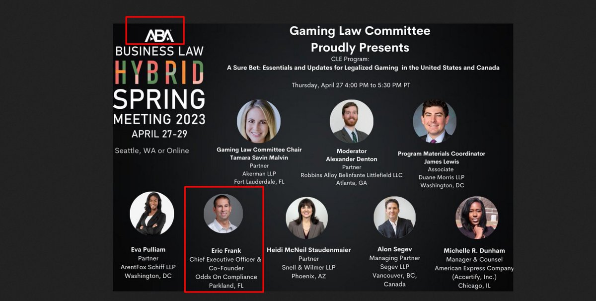 @KariLakeWarRoom @KariLake @BlehmLawAZ 💥ABA appears complicit !🤔
They partnered with Eric Frank, Eric Weiss at Odds on compliance, Sigma World, NLCGS (National Council of Legislators from Gaming States), Casino Esport Conference(CEC), ProhiBet, USIntegrity.

Self-made their gambling private regulatory environment.