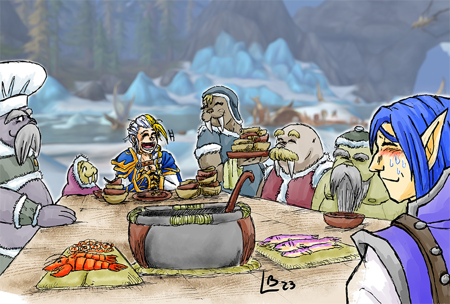 #Jaina accepted #Kalec's invitation to meet her new friends from Iskaara. She broke the record of dishes of eel viscera soup, scale pudding and fat and blood cake.
...After all, she has the caloric needs of a KulTiran. 🤷‍♂️#warcraft #worldofwarcraft #dragonflight