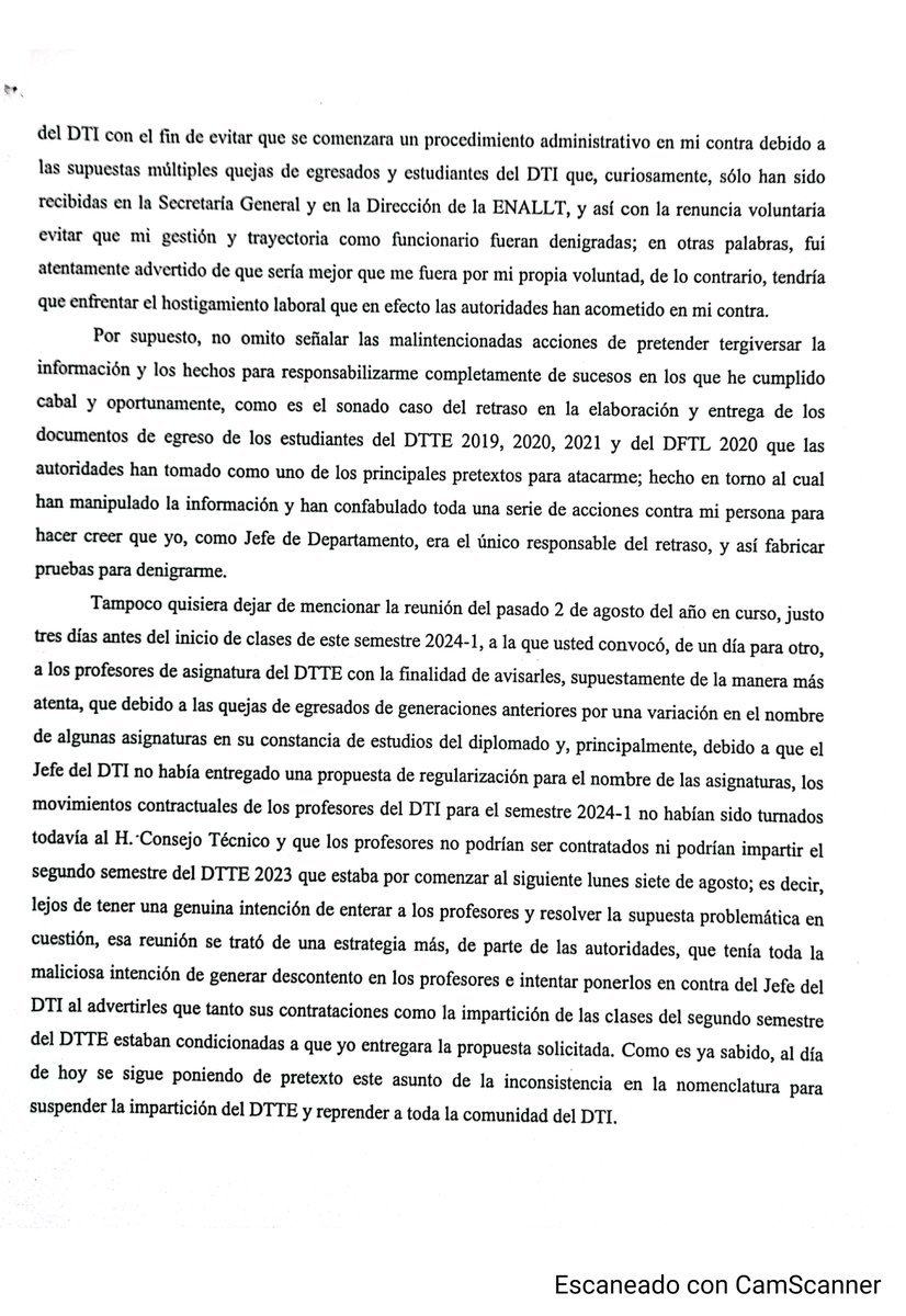 Estimada comunidad: Por este medio, les comparto en adjunto mi carta de renuncia a la Jefatura del Departamento de Traducción e Interpretación (DTI) de la ENALLT con fecha de mañana 1 de diciembre de 2023.  2 de 2