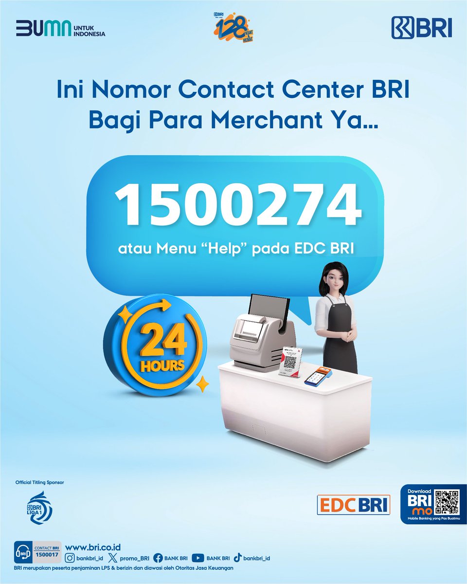 Sobat BRI,
Pastikan menghubungi nomor resmi Contact BRI Merchant 1500274 atau pilih menu Help di EDC BRI untuk solusi terbaik transaksi Merchantmu.

#ContactBRI
#BRIEdukasi
#ContactBRIMerchant
#MemberiMaknaIndonesia