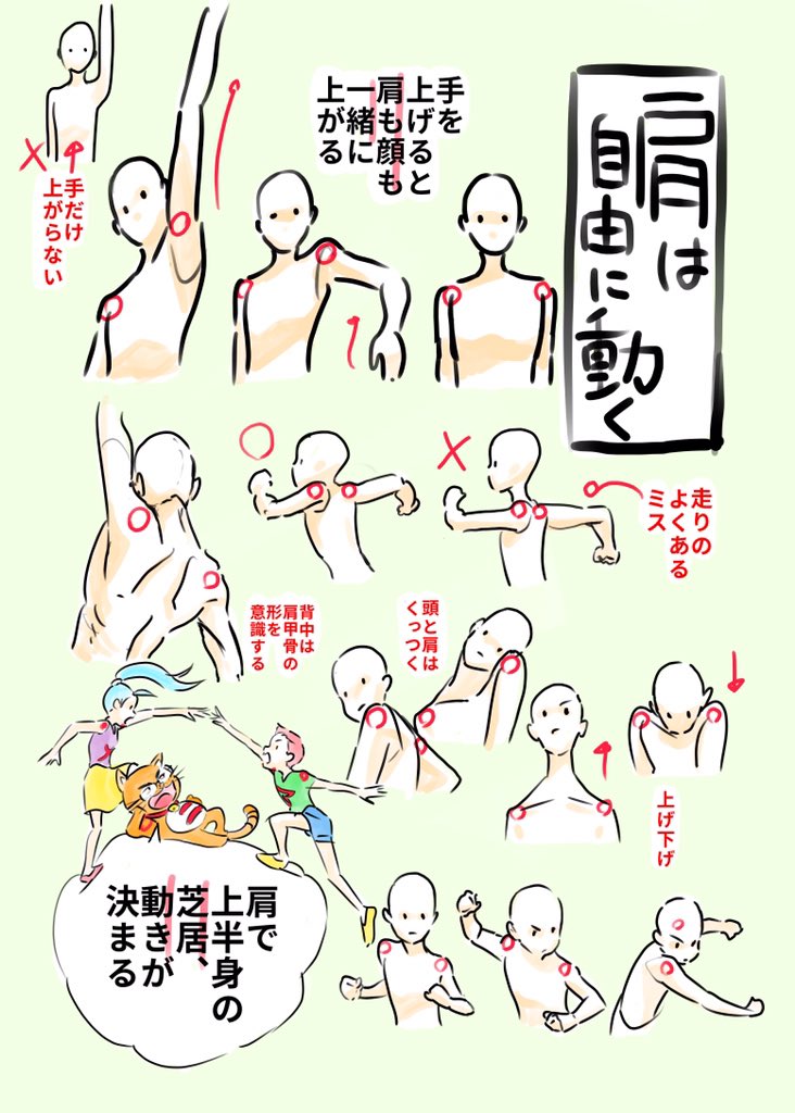 ◎肩は自由に動く ・手を上げると肩も顔も一緒に上がる ・上半身の動きは肩で決まる ・走り手だけ振ることはない。むしろ肩に連動して手が動くくらいに考える ・肩の可動域=躍動感 ・自分の体で肩の動きを確認してみよう