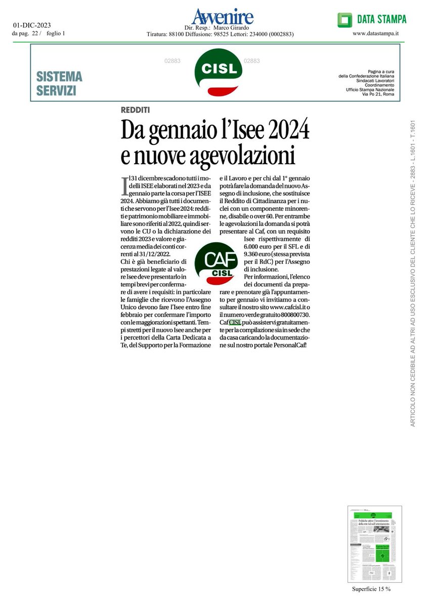 CafCisl's tweet photo. 🗞 Oggi su @Avvenire_Nei : Gli Isee 2023 scadono tutti il 31 dicembre. Puoi già prenotare il tuo Isee da gennaio per non avere interruzioni nelle prestazioni
🟢Assegno Unico
🟢Supporto Formazione Lavoro
🆕Assegno di Inclusione 
Info  e appuntamenti su ➡️https://t.co/HeMmH6lpQL https://t.co/4T67wgTx16
