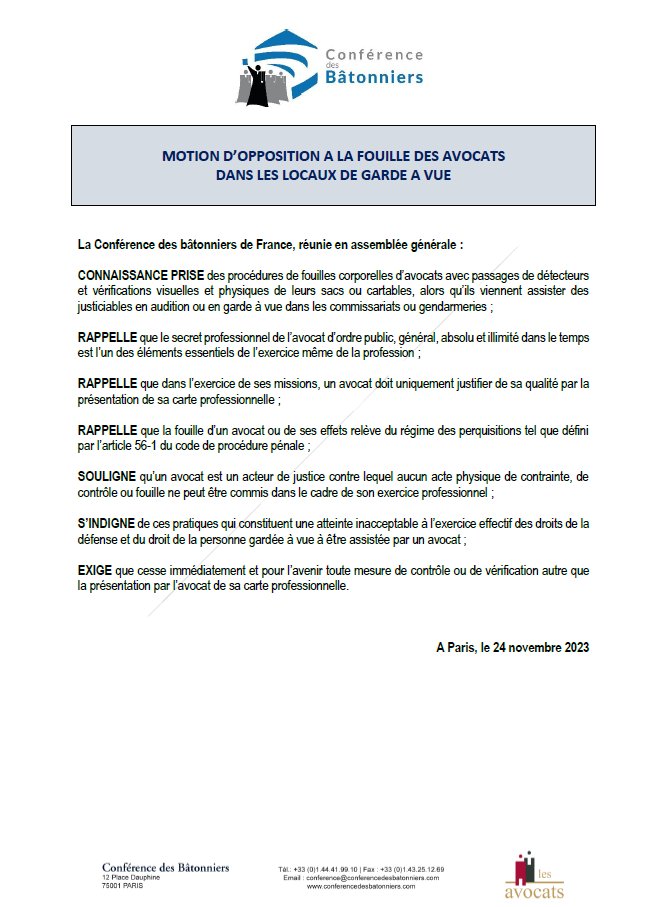 ConférenceBâtonniers (@conf_batonniers) on Twitter photo Le Bureau de la <a href="/Conf_Batonniers/">ConférenceBâtonniers</a> a adopté une #motion d'#opposition à la fouille des avocats dans les locaux de garde à vue 👇 Le Bureau de la <a href="/Conf_Batonniers/">ConférenceBâtonniers</a> a adopté une #motion d'#opposition à la fouille des avocats dans les locaux de garde à vue 👇