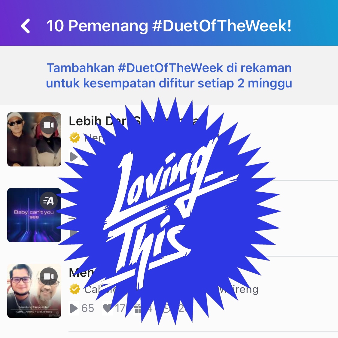 OfficialSmuleID's tweet photo. Selamat utk 10 PEMENANG #DuetOfTheWeek Smule Indonesia! 👏🏆 Klik di sini utk melihat semua Pemenang: https://t.co/3HnwiGVyXd , atau lihat di halaman Jelajah di Smule.

Mau jadi pemenang #DuetoftheWeek Indonesia? Pelajari caranya di sini: https://t.co/mArUc00Idf

#SmuleID #Smule https://t.co/1fH7Dba5Ue