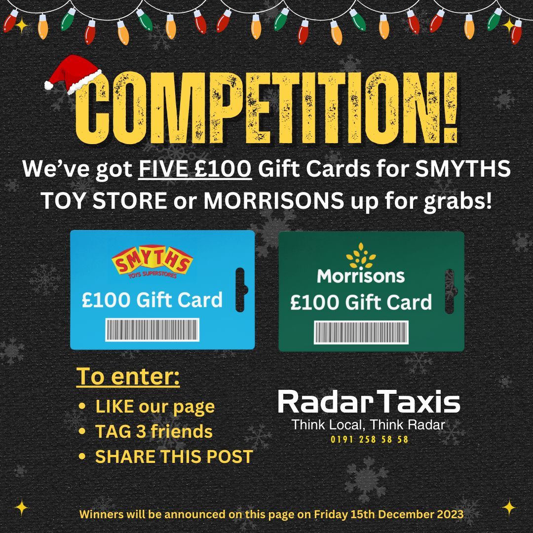 radartaxis's tweet photo. We're kicking off our 🎄 Christmas competition! 🥳

We've got FIVE £100 gift cards for Smyths or Morrisons to giveaway for Christmas. 🤩

To enter, make sure to:
👍🏻 FOLLOW US
👍🏻 TAG THREE people in a comment
​👍🏻 REPOST this post

Winners will be announced on Friday 15th December. https://t.co/6zkWSUE4My