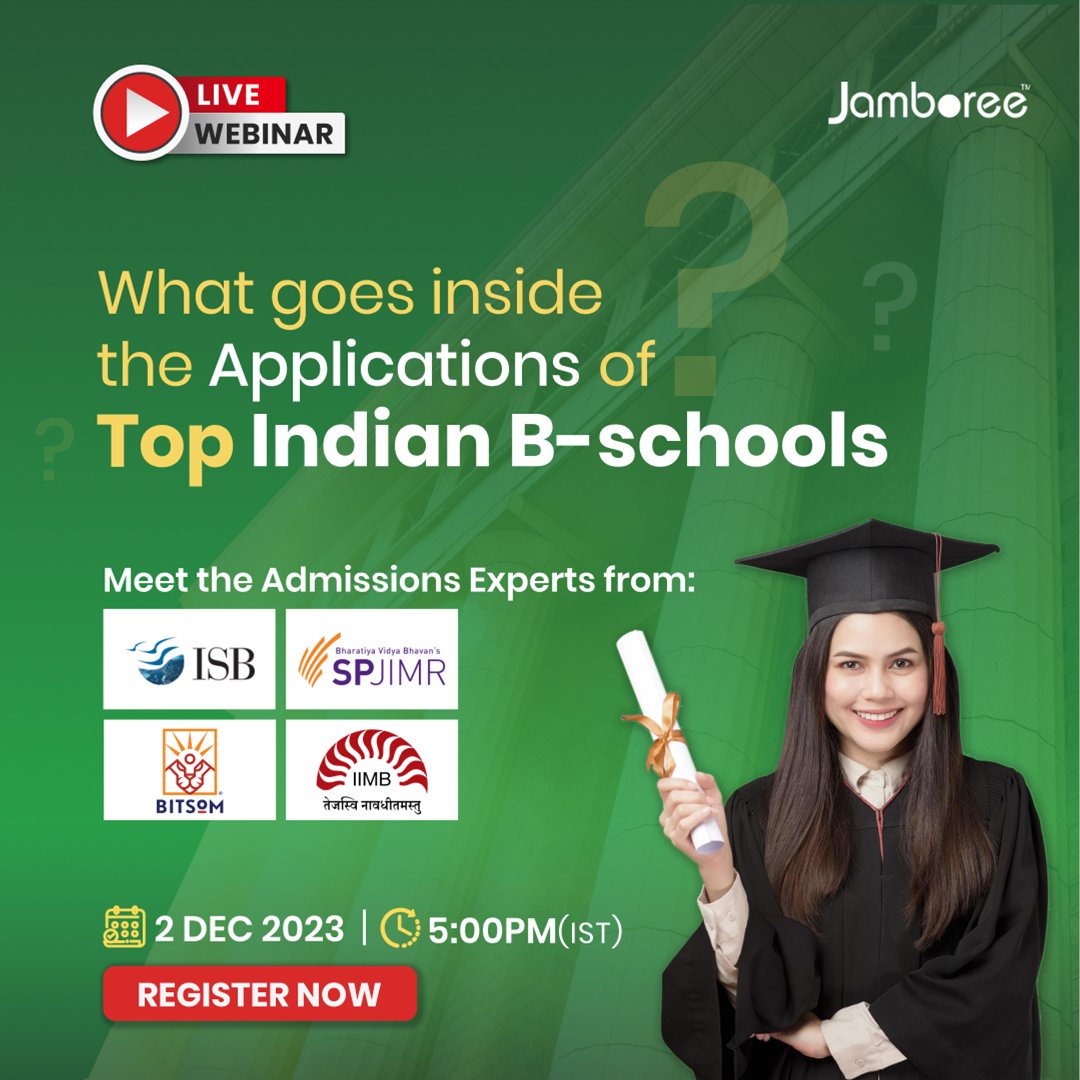 The admissions team of ISB, IIM Bangalore, SPJIMR, and BITSOM are here to spill the secrets of their admissions decisions room.

Secure your spot - surl.li/ntutu

#jamboree #studyabroad #studyoverses #studygram #bschools #isb #spjimr #bitsom #iimb #india #admissions