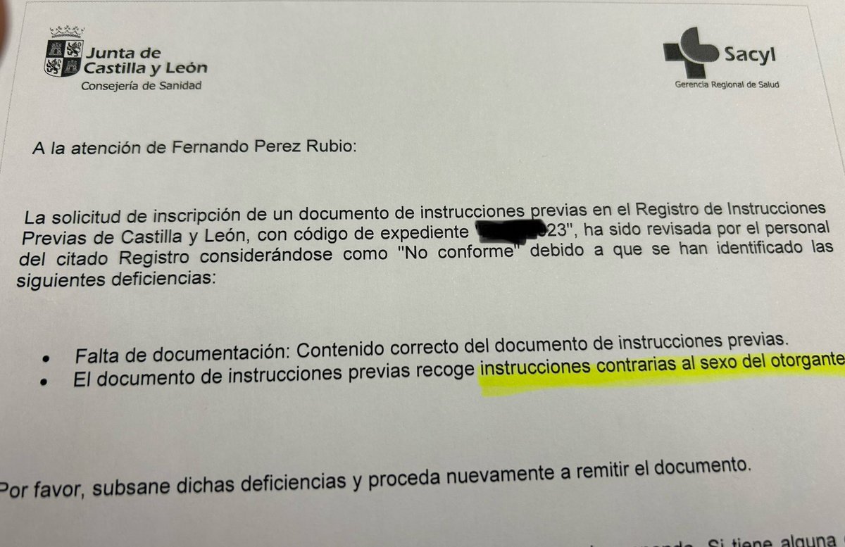 fpr1969's tweet photo. Anecdota notarial: el registro de instrucciones previas (testamento vital) de la @jcyl  me notifica la no inscripción de un TV por el motivo que aparece en la foto.
Pongo en antecedentes:
Pepito Pérez otorga TV donde da instrucciones para el caso de enfermedad incurable y en 👇 https://t.co/oQ2eprBYI9