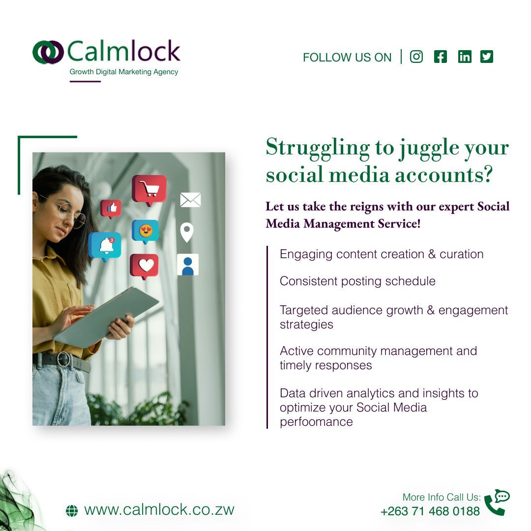 Calmlock's tweet photo. 📣 Struggling to Juggle Your Social Media Accounts? 🤔
🌟 Calmlock D-Marketing Agency provides social media management services for entrepreneurs, businesses, &amp; influencers, focusing on audience growth, engagement, &amp; brand reputation management, with detailed metrics reports. https://t.co/hcnnz4NxDA