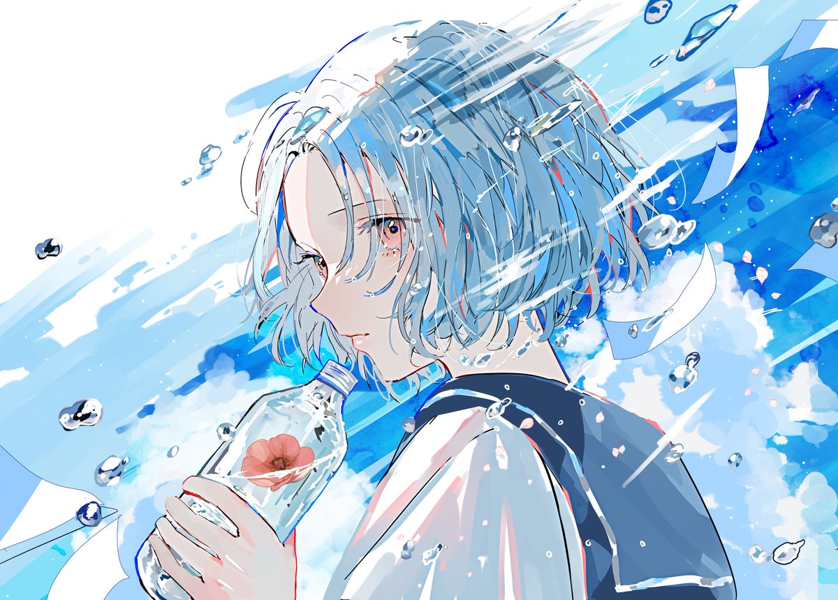 1girl solo bottle blue hair short hair holding cloud  illustration images