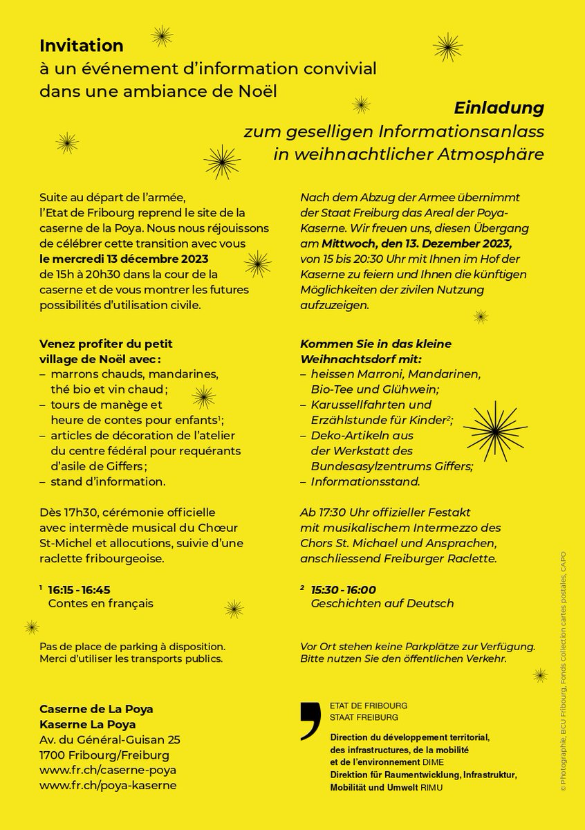 Nach dem Abzug der Armee übernimmt der Staat Freiburg das Areal der Poya-Kaserne. Wir freuen uns, diesen Übergang am Mittwoch, den 13. Dezember 2023, von 15 bis 20:30 Uhr mit Ihnen im Hof der Kaserne zu feiern und Ihnen die künftigen Möglichkeiten...  fr.ch/poya-kaserne