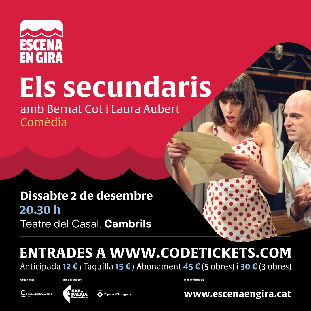 Demà tanquem la 3a temporada d'Escena en Gira amb 'Els secundaris' del <a href="/maldateatre/">El Maldà</a>  al Teatre del Casal de #Cambrils. A més de 5 funcions a Cambrils amb el suport de <a href="/CambrilsCultura/">CambrilsCultura</a>, hem programat a #Falset i a #Vilaseca gràcies a la col·laboració de <a href="/LaTramoia/">LaTramoia</a>  i <a href="/falset_cat/">Ajuntament de Falset</a>.