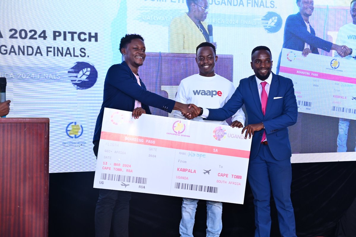EntUganda's tweet photo. WE HAVE A WINNER!

Yesterday during the #GECAfrica_UG Finals, @waape_ was crowned the overall winner and will be joining a vast group of #Entrepreneurs around the continent to compete, 1st runner up (@RentBeta) and the 2nd runner up (@Danielsenkungu of REDVERS E-Mobility) https://t.co/bup2WQLuys