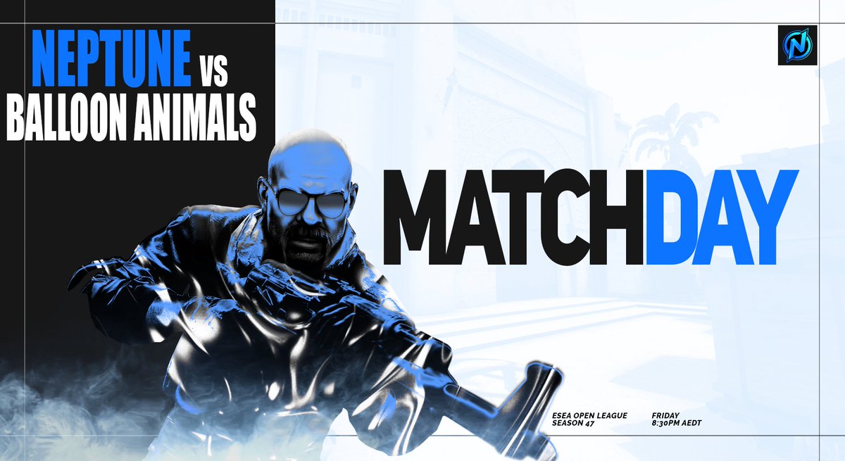 NeptuneESC's tweet photo. {#GAMEDAY}

Tonight the boys will be taking on #BalloonAnimals for the final game of the @ESEA amateur league. Good Luck!

⏰ 8:30PM AEDT

#NeptuneCSGO #NeptuneRises https://t.co/CB569j7ZiG