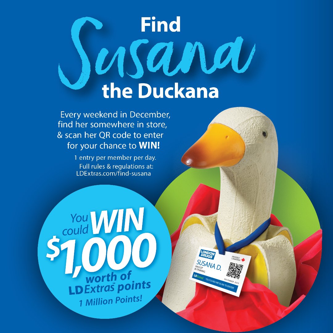 LondonDrugs's tweet photo. LDExtras members! Find Susana the Duckana at London Drugs on weekends (Fri-Sun) in December. Scan her QR code for a chance to win 1 million LDExtras points! Where she will be hiding in-store this week? 👀
#LDExtras #LondonDrugs #FindSusanatheDuckana https://t.co/ZvUbY3Hozd
