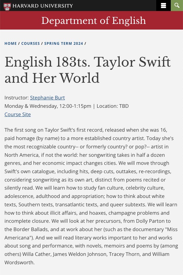marcvidal's tweet photo. En 2024, la Universidad de Harvard ofrecerá un nuevo curso titulado "Taylor Swift y su mundo". Luego nos preocupa que la Inteligencia Artificial acabe con la humanidad https://t.co/wGRBDiHEfT