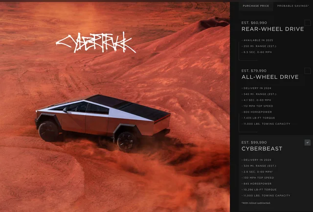 lvtthda's tweet photo. Website leak! RWD 61k, AWD 80k, "CyberBeast" model 100k
#Cybertruck #TeslaCybertruck #ElectricTruck #FutureOfTrucking #InnovationInTransportation https://t.co/9tAZXFww5l