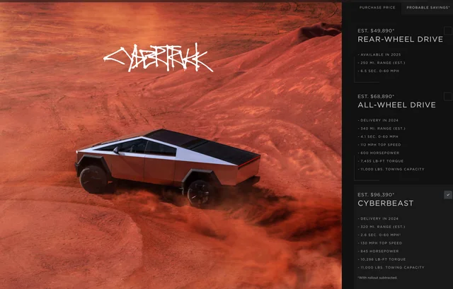 lvtthda's tweet photo. Website leak! RWD 61k, AWD 80k, "CyberBeast" model 100k
#Cybertruck #TeslaCybertruck #ElectricTruck #FutureOfTrucking #InnovationInTransportation https://t.co/9tAZXFww5l
