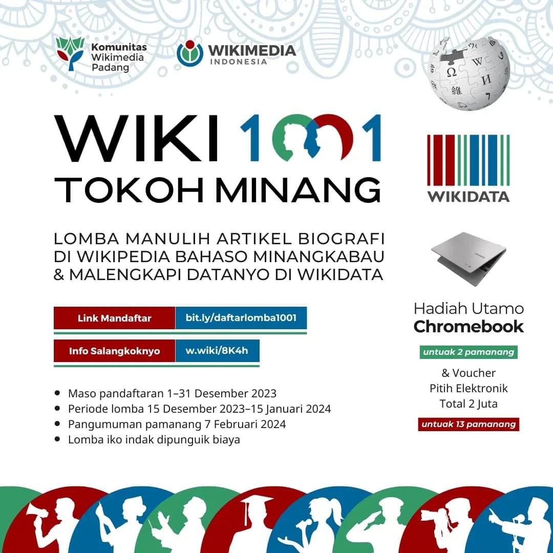 minangwiki's tweet image. &quot;Alah sanang manyuntiang, dapek hadiah pulo!&quot;

Wiki1001TokohMinang marupokan lomba atau tantangan manulih di laman Wikipedia Bahaso Minangkabau nan fokus pado biografi tokoh Minang sarato mambuek datanyo di Wikidata.