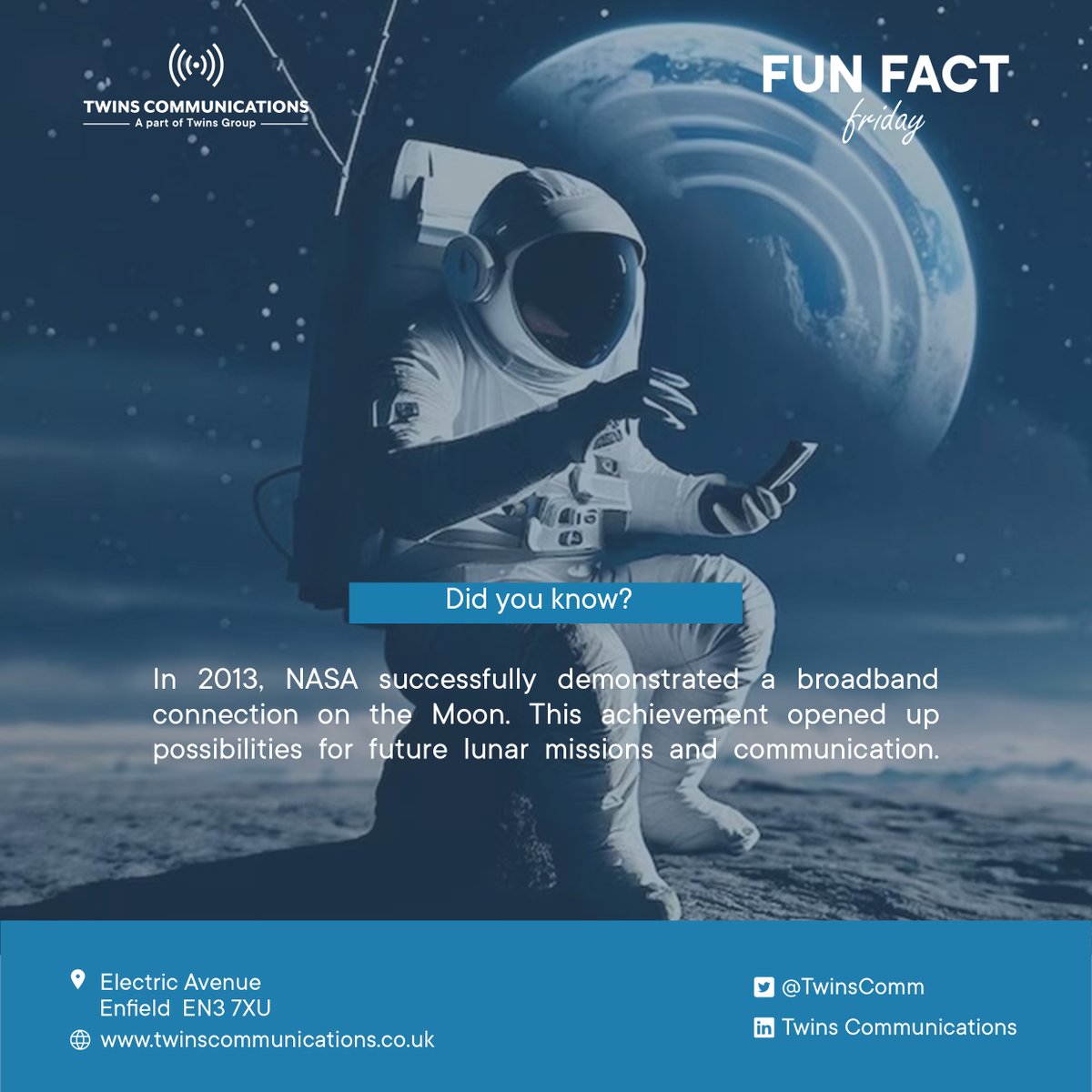Connecting worlds beyond ours! 🌕🚀
#TwinsCommunications #FunFact  #LunarConnectivity #NASAInnovation