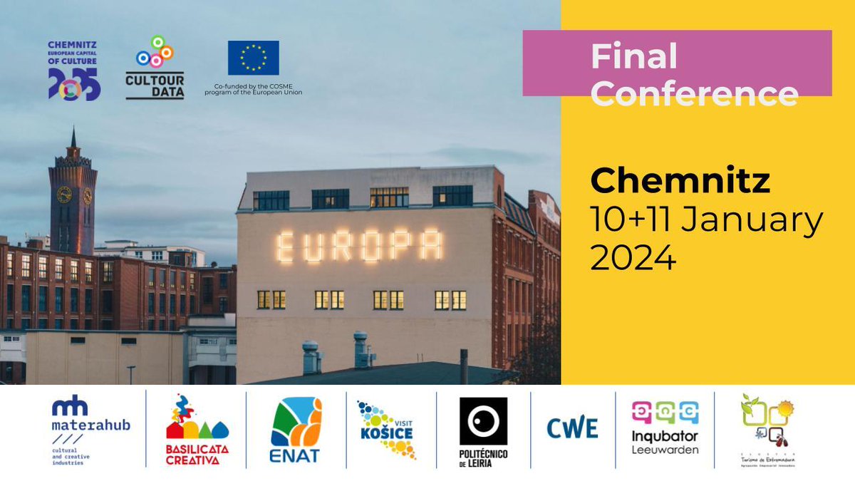 #CulTourData SAVE THE DATE!! Chemnitz 10-11/01/2024. Beloved partner and #ECoC25 will host our project's final conference! International #ecocwatch, promising #policylab, showcasing our funded projects #matchmaking... network and dance!
Register now:
reg.eventmobi.com/cultour-data-f…