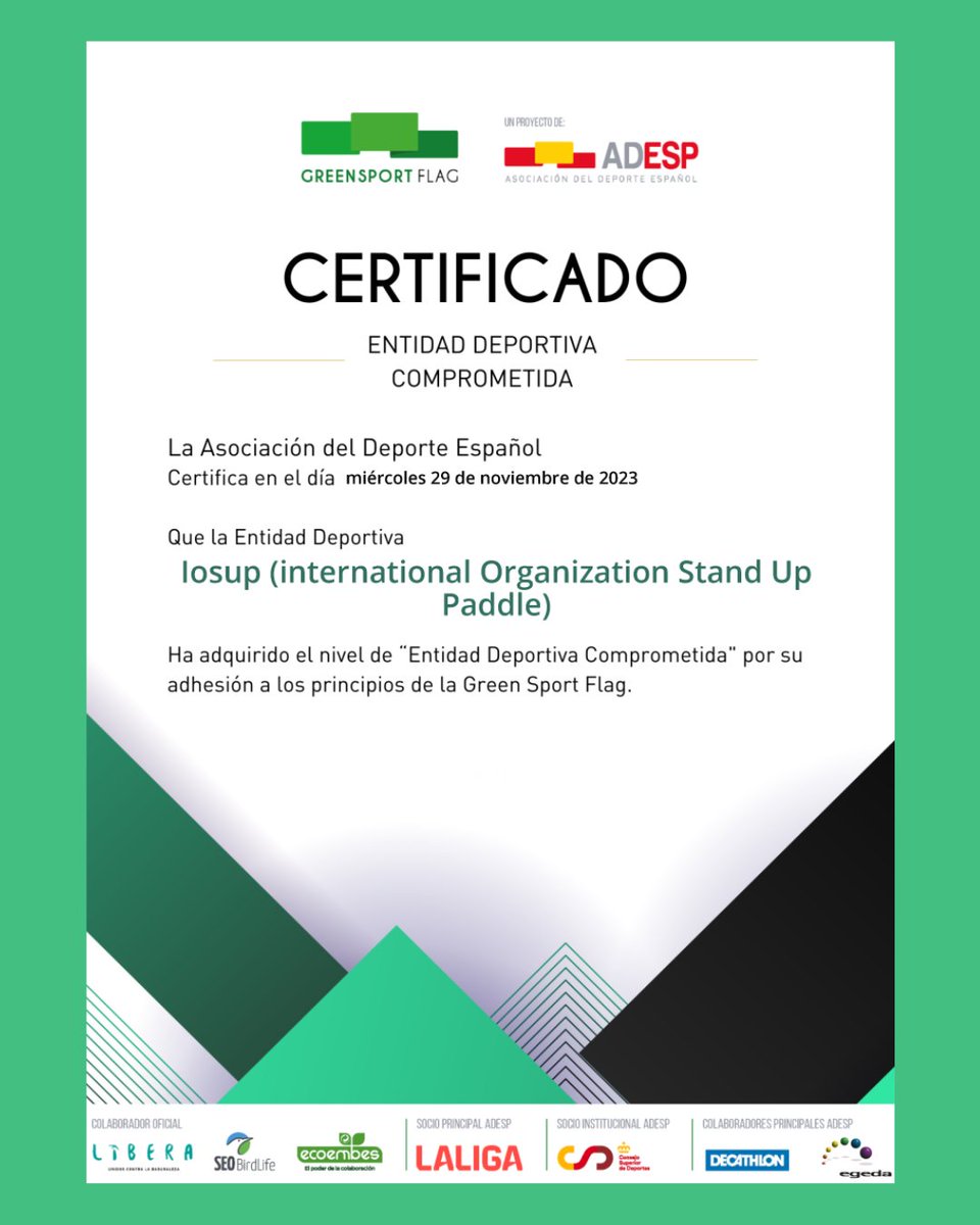 IO_SUP's tweet photo. 🏆 Somos #EntidadDeportivaResponsable según el proyecto #GreenSportFlag de @depespana 🏆 👏 Gracias a todos los que forman parte de #IOSUP por su compromiso con el deporte sostenible, inclusivo, educativo, innovador, transparente y comprometido. #DeporteResponsable #ecoSUP https://t.co/KZZJdaiFpP