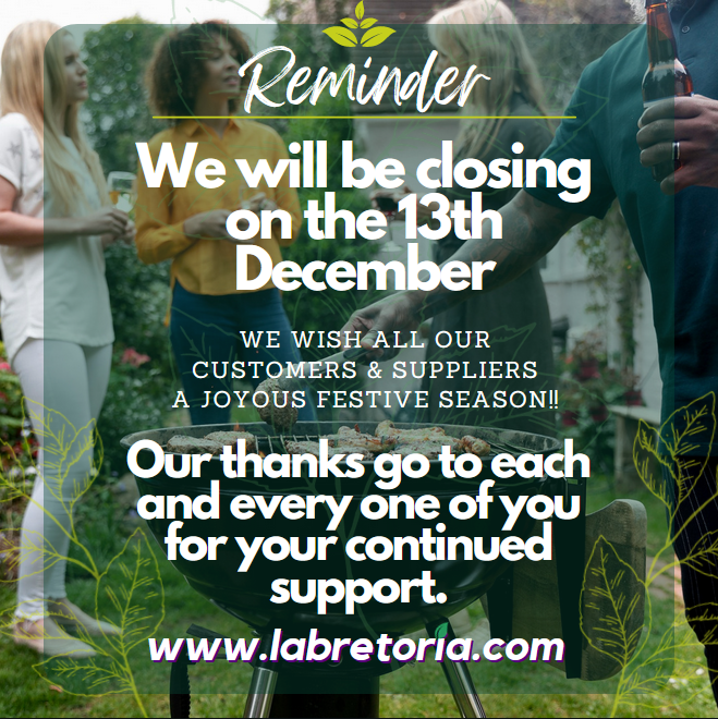 We at Labretoria wish you all the best for the holidays.
Enjoy yourselves, be safe and take care of each other.
#labretoria #ppm #parafilm #culturevessels #plantscience #planttissueculture #labequipment #agrodiagnostics #agrochemical #plantvirus #agricultureSA #plantagar #gelrite