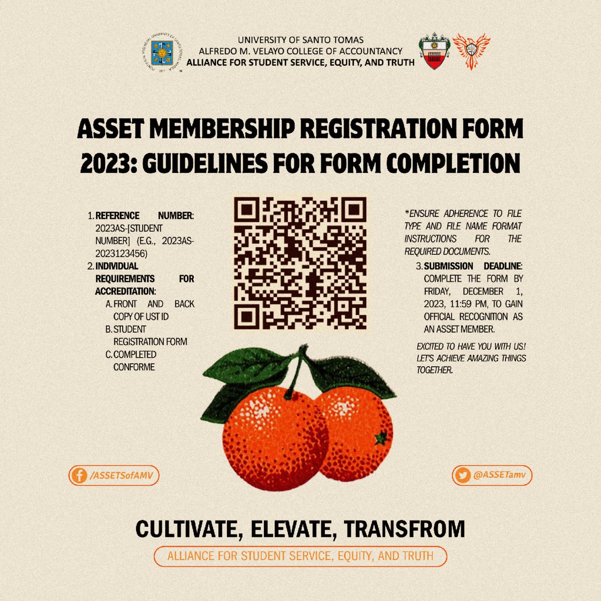 ASSETAMV's tweet photo. WELCOME PONKANS! 🍊

If you’re new to the family, kindly fill out the official COMELEC Registration Form to become an OFFICIAL MEMBER of ASSET. 😁

🔗: https://t.co/mUrnGJX8GH 

Caption by: Abigail Tapia 
Board by: Eloida Faith Hernandez 

#ASSETInCharge 
#AMVCOMELEC2324 https://t.co/RgbMnCXe0Z