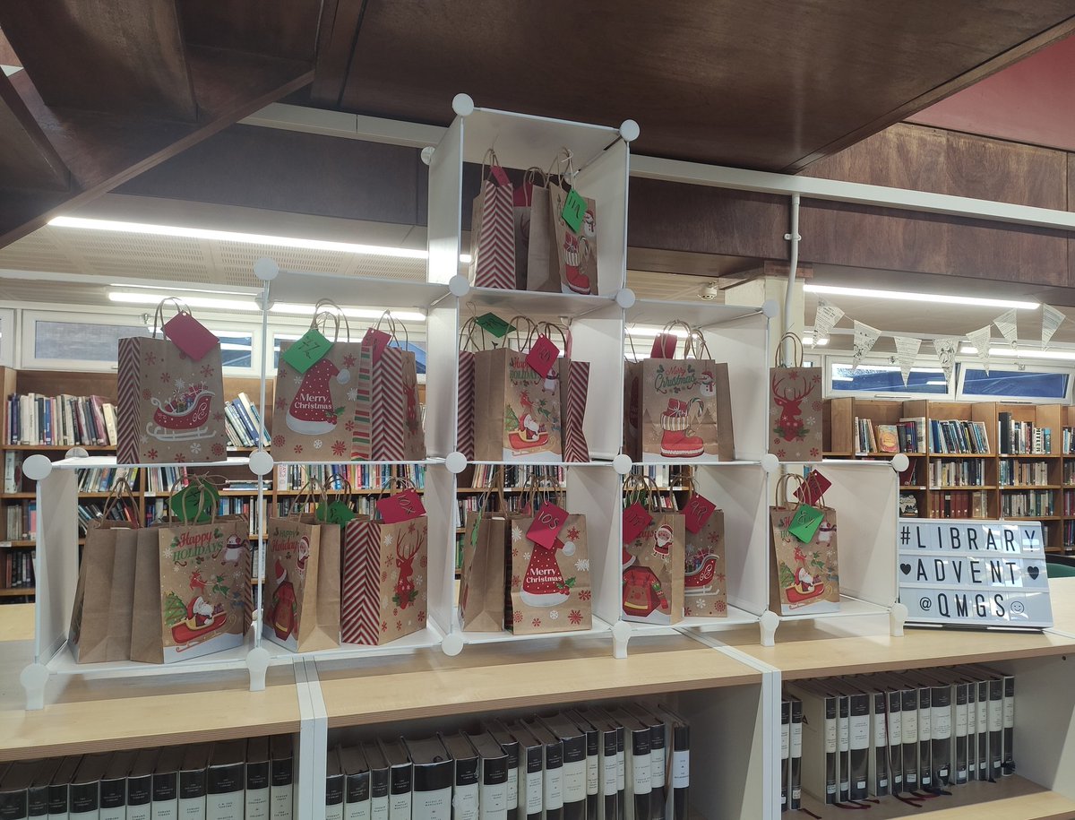 LibraryQmgs's tweet photo. Library #advent begins with 7Q and 7R this morning! 

No prizes for guessing what's inside the bags...📚🍫
@qmgs1554qma @qmgs1554 https://t.co/LVHU3vdTbc