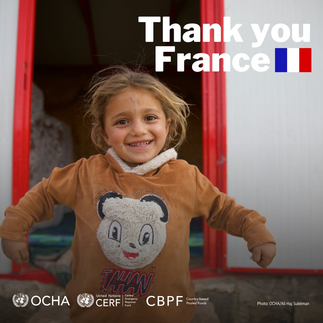 #OCHAthanks France🇫🇷

Your generous and flexible support to @UNOCHA, @UNCERF and @CBPFs worldwide is helping millions of people in dire need of humanitarian assistance!

Together, we #InvestInHumanity