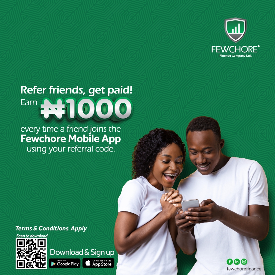 fewchorefinance's tweet photo. Refer a friend and earn up to ₦1000 when they sign up for our mobile app. 🚀

#fewchore #DecemberDelight #FewchoreRewards #MobilePerks https://t.co/uJLF3NW6Mz